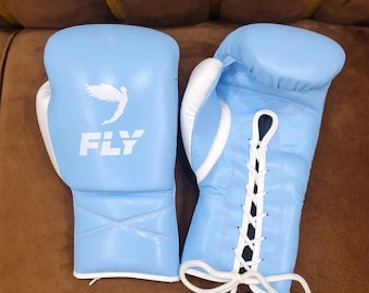 Äkta kohudläder Fly Superlace X ljusblå boxningshandskar Professionella kampsportshandskar