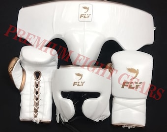 Premium Quality Fly Boxing Set White/Gold Color 100% Original Leather Boxing Gloves,Head Guard & Groin Guard