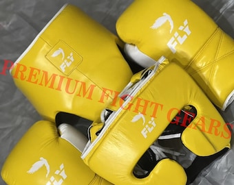 Customized Handmade Genuine Leather Fly Yellow Boxing Set (Boxing Gloves , Head or Groin Guard) Christmas Gift, Birthday Gift For Him