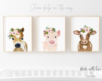 Farm nursery decor Nursery print farm animal print cow painting Nursery Animal print Farm baby shower decor Nursery wall art flower crown