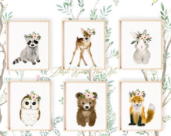 Woodland Nursery Decor, Nursery Prints, Nursery Wall art Fox, bear, bunny, deer, Woodland Animal Print, Flower crown animals, Forest Nursery