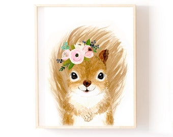 Squirrel print, Woodland animals nursery, Animal art, Baby room decor, Nursery wall art, Nursery prints, Baby animal prints, squirrel art