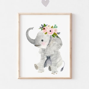 May include: A watercolor painting of a gray elephant wearing a pink and white flower crown. The elephant is sitting with its trunk raised and its ears spread out.