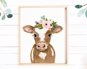Cow Printables Animals Flower Crown Printable Wall Art Cow Print Cow Flower Crown Animals floral crowns print Cow Flower Crown Print