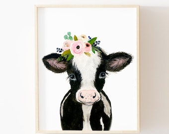 Cow Painting Farm Nursery Decor Cow Print Baby Farm Animal prints Nursery wall art Nursery Animal prints Farm baby shower flower crown cow