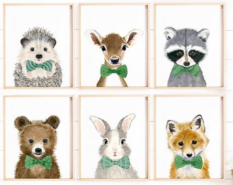 Woodland Nursery Prints, Set of 6 Nursery decor, Nursery Wall Art, Baby Animal Prints, Nursery Wall Art, Baby shower gift, Bow tie animals