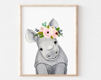 Baby Rhino Art Print, Kwekerij Animal Print, Safari Kwekerij Kunst, Safari Dier, Kwekerij Cadeau, Kwekerij Baby Rhino, Baby Girl Animal Prints