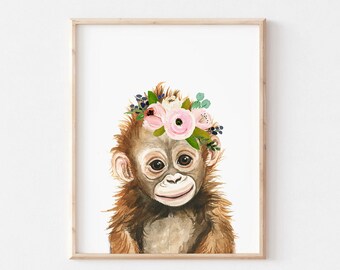 Baby orangutan art print, orangutan nursery print decor, nursey safari prints, Nursery Wall Decor, Jungle animal prints, nursery wall art
