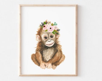Baby orangutan art print, orangutan nursery print decor, nursey safari prints, Nursery Wall Decor, Jungle animal prints, nursery wall art