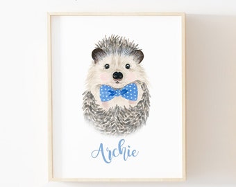 Nursery bow tie hedgehog, hedgehog nursery print, hedgehog paintings, watercolor hedgehog, baby animal nursery prints, woodland nursery art