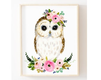 水彩フクロウ、花のフクロウの絵画、動物の絵画、花輪のフクロウ