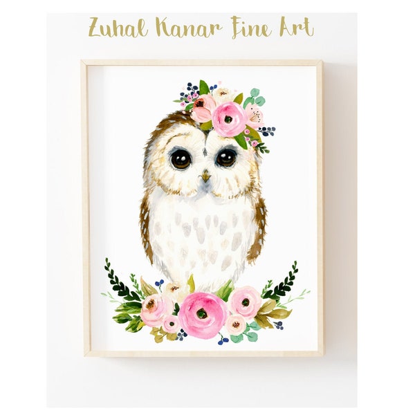 Watercolor owl, floral owl painting, Animal Paintings, flower wreath owl, Animal Wall Art, Childrens Wall Decor, Kids Art, Floral Nursery
