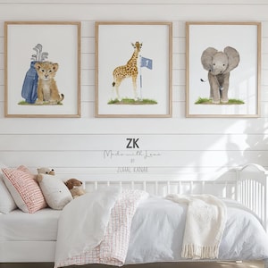Láminas infantiles de safari de golf en acuarela, arte de animales bebés, juego de 3