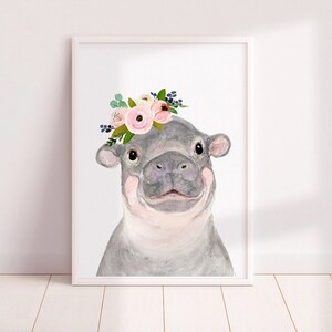 Baby Hippo, flower crown animals, nursey print, floral nursery, hippo nursery, cute hippo, Animal Wall Art, Childrens Wall Decor