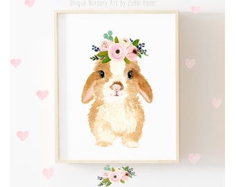 Rabbit painting, Woodland Nursery decor, flower crown rabbit, Nursery Wall Art girl, Childrens Wall Decor, Nursery Prints, baby shower gift