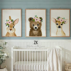 Watercolor Woodland Animal Prints, Flower Crown Nursery Art, Set of 3