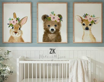"3D Drucke ""Aquarell"" von Waldtieren, Blumenkrone, Illustration für das Kinderzimmer."