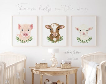 Farm Nursery Prints, Nursery decor, Farm nursery, Neutral nursery set of 3 prints, Nursery Animal Painting decor baby shower gift neutral