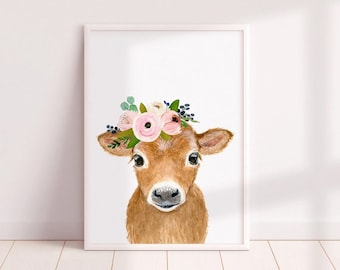 Cow painting nursery print cow decor Flower crowned brown calf farm nursery decor nursery prints, nursery animal print farmhouse decor