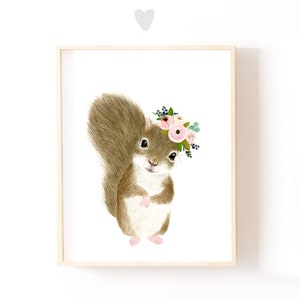 Squirrel Art, Squirrel Print, Woodland Wall Art, flower crown Squirrel Painting, Nursery Animal Art, , Woodland Prints, Baby room decor