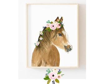 Horse Foal Nursery Art Print , Farm Animal Nursery Decor, Kids Poster, Baby Horse Nursery Print, Baby Animals Print, Flower Crown Horse