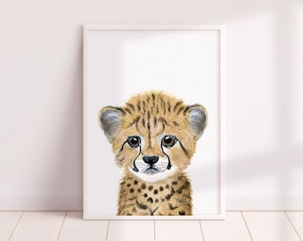 Estampado de arte de guepardo en acuarela, cachorro de guepardo, pinturas de animales, jirafa, safari de guardería, decoración de pared de guardería, impresión para niños, pintura de guepardo