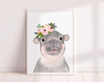 Baby Hippo, flower crown animals, nursey print, floral nursery, hippo nursery, cute hippo, Animal Wall Art, Childrens Wall Decor