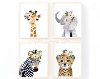 Safari nursery prints, Nursery decor, Set of 4 Prints, Animal Paintings, zebra, elephant, cheetah, giraffe ,nursery prints, Nursery Art