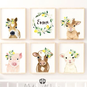 May include: Set of six nursery prints featuring watercolor illustrations of farm animals wearing floral wreaths. The prints include a pig, a cow, a goat, a horse, and two lemon wreaths with the name "Emma" on one.