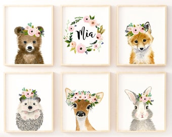 Woodland Nursery Decor, Nursery Prints, Nursery Wall art, Woodland Baby shower, Woodland Animal Print, Flower crown animals, Forest Nursery