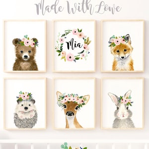 Woodland Nursery Decor, Nursery Prints, Nursery Wall art, Woodland Baby shower, Woodland Animal Print, Flower crown animals, Forest Nursery image 1