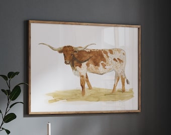 Texas Longhorn Cow Watercolor Art Print, Western Farm Decor, Cowboy Wall Art