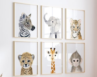 Décoration de chambre d'enfant Safari, impressions de chambre d'enfant jungle, impression d'art de chambre d'enfant Safari, art animalier éléphant, girafe, singe, guépard, lion, chambre d'enfant zèbre