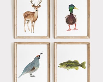 Hunting Fishing Nursery Art Print Set 4, Deer, Bass, Duck Nursery Decor