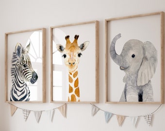 Lot de 3 impressions d'impressions pour chambre de bébé Safari, décoration de chambre d'enfant Safari, cadeau de baby shower Safari Chambre d'éléphants, chambre d'enfants girafe neutre, imprimés animaliers