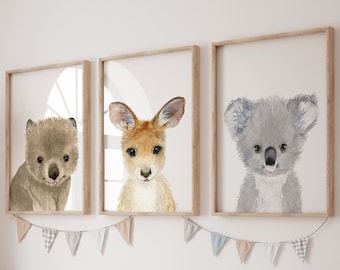 Australian native Animals, set of 3 prints, gender neutral wall art, nursery prints, bedroom decor, new baby gift, koala, wombat, kangaroo