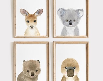 Australian Animal Prints, Set of 4, Watercolor Nursery Art, Koala, Kangaroo, Wombat, Platypus