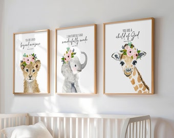 Girl Safari Nursery Print set of 3, Safari Nursery Decor, Safari Bible Verse Nursery Elephant Nursery Giraffe, Baby Shower Girl Nursery Gift