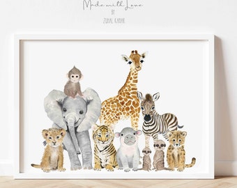 Pano Nursery Print, Safari Animal Nursery Art, Safari Animal Watercolor, Jungle Gender Neutral Baby Room Decor, Nursery Print,PAPER
