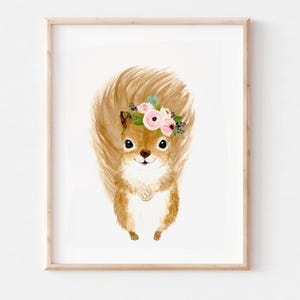 Watercolor Squirrel print, Woodland animals nursery Decor, Nursery Animal art, Girl Woodland Baby room decor, Girl Nursery wall art