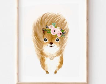 Watercolor Squirrel print, Woodland animals nursery Decor, Nursery Animal art, Girl Woodland Baby room decor, Girl Nursery wall art