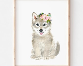 Wolf Nursery Print, Woodland wolf decor, Woodland Girl Decor, Wolf cub Nursery Gift, Woodland Nursery Wall Decor, Girl Wolf art wall decor