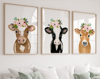 Farm nursery decor, Nursery print farm animal print cow painting  Nursery Animal print Farm baby shower decor Nursery wall art flower crown