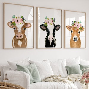 Farm nursery decor, Nursery print farm animal print cow painting  Nursery Animal print Farm baby shower decor Nursery wall art flower crown