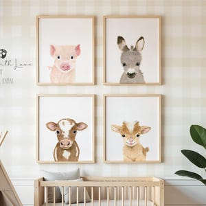 Boerderijdieren kinderdagverblijf prints, boerderijdieren kinderkamer decor, kalf, big, veulen, lam, boerderij babyshower cadeau, genderneutraal kinderkamer prints