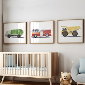 Juego de 3 láminas de vehículos de construcción, decoración infantil para habitación de niño, arte mural de camiones, lámina infantil de camión de bomberos, lámina de camión volquete, decoración de camión de basura