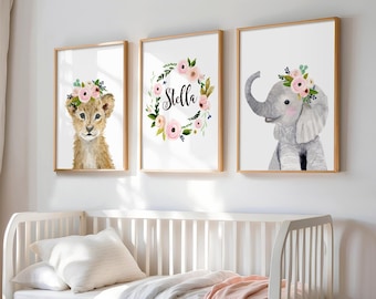 Safari Kinderzimmer Drucke, Drucke für Kinder, Baby Mädchen Bilder, Set von 3 Safari Baby Animal Prints, Drucke original, Kinderzimmer Dekor,