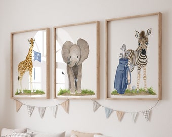 Ensemble de 3 impressions de décoration pour chambre de bébé de golf Safari de golf pour baby shower, empreintes d'animaux de bébé Chambre d'enfants d'animaux de la jungle, cadeau pour chambre d'enfant, décoration de baby shower de golf