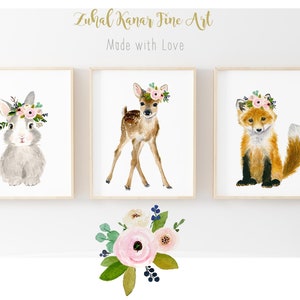 Nursery wall art woodland nursery decor woodland nursery prints et of 3, rabbit  fox deer woodland baby shower, girl's nurser baby shower