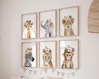 Safari Nursery Decor Girl Nursery Wall Art Safari Nursery Prints  Baby Girl Gift Baby Animal prints Elephant Giraffe floral girl room decor